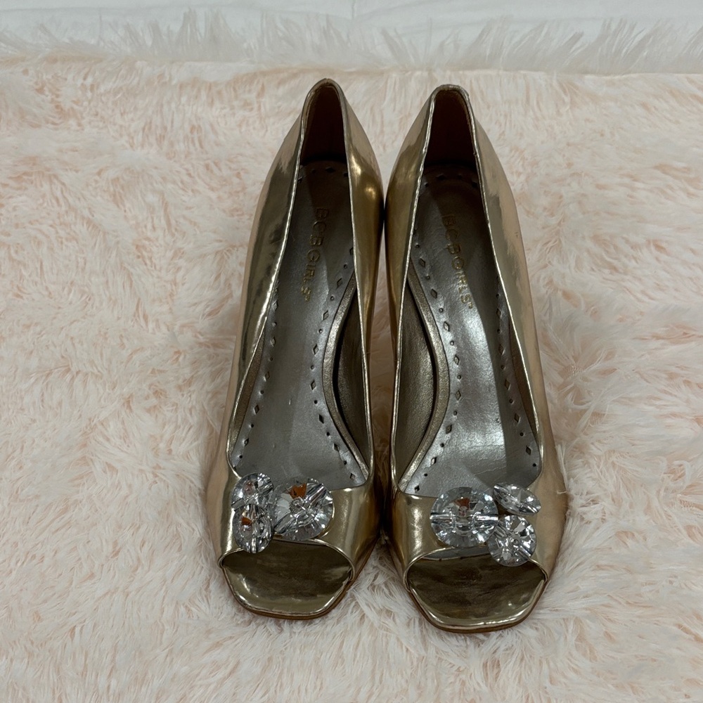 BCBGirls Gold Peep-Toe Heels with Crystal Accents